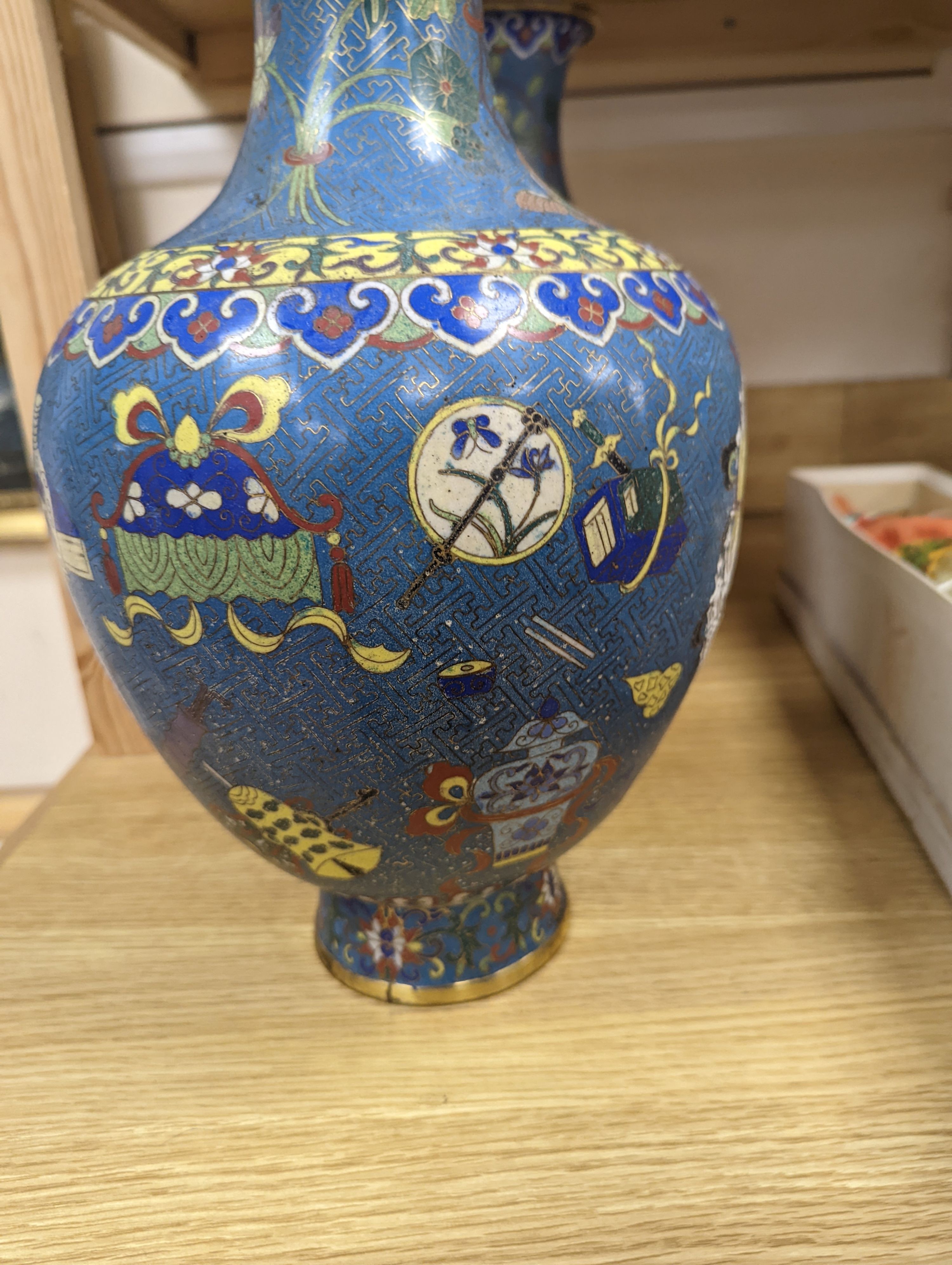 A pair of late 19th/early 20th century Chinese cloisonné enamel ‘Buddhist emblems’ vases 36cm